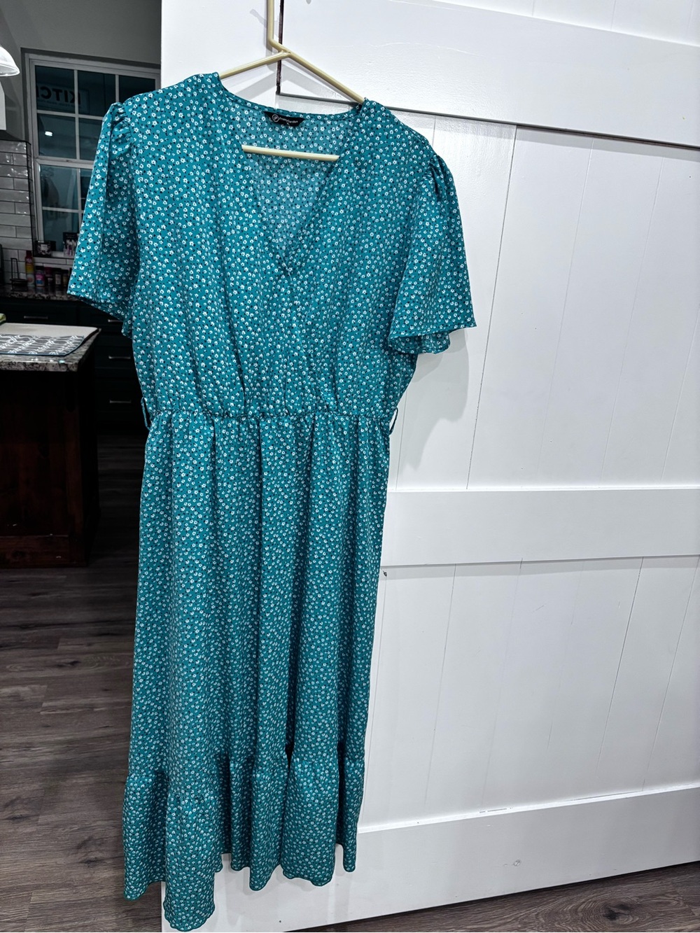 Teal Floral V-Neck Midi Dress - Women